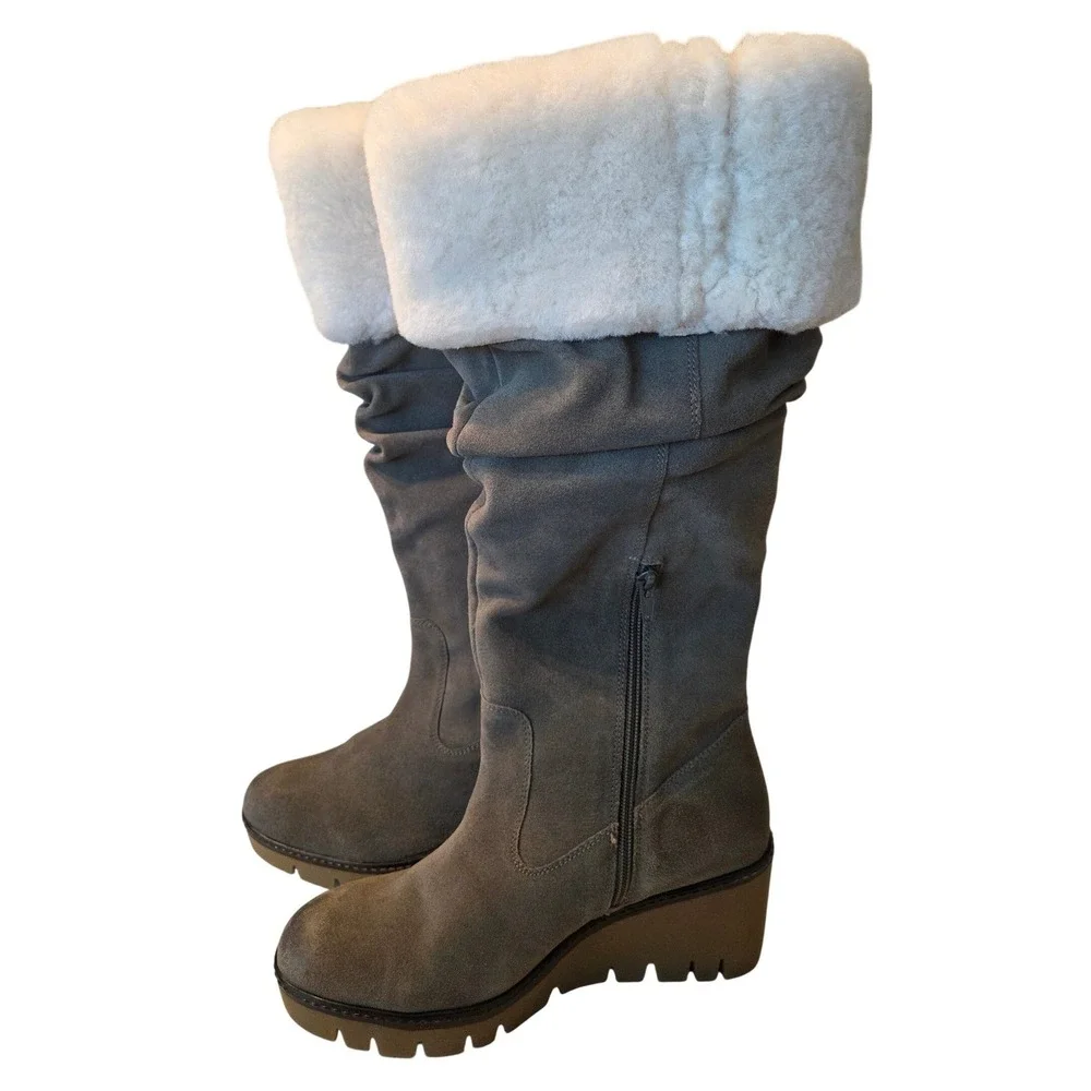 Vintage Foundry Co  Grey Leather Real Fur Trim Wedge Slouch Boots womens‎ 9 Boho